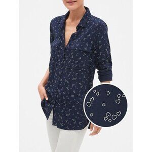 GAP Print Utility Drapy Boyfriend Shirt Tiny Heart White Blue New Large